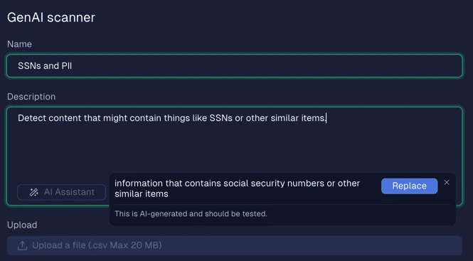 Screenshot of Defend’s AI Security Assistant refining a custom scanner description to ensure accurate, compliant, and enterprise-ready AI protections.